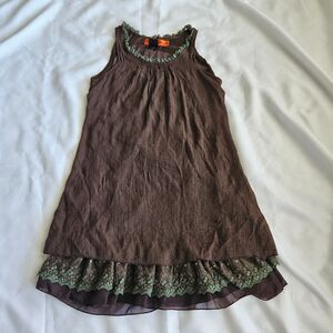 Urban Mango Brown Green Lace Trim Cottagecore Bohemian Ruffle Dress Small